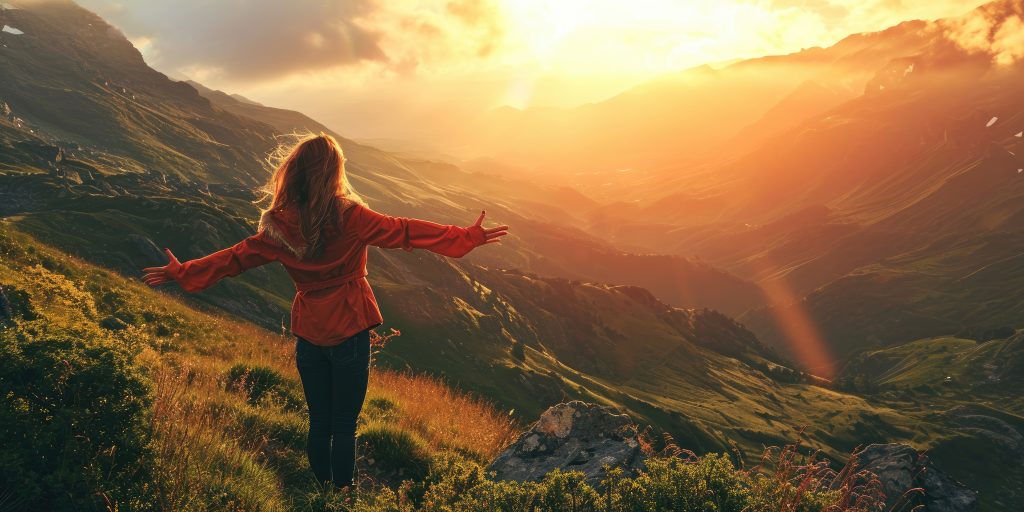 Freedom woman standing open arms at sunrise on top of mountain peak wellness concept
